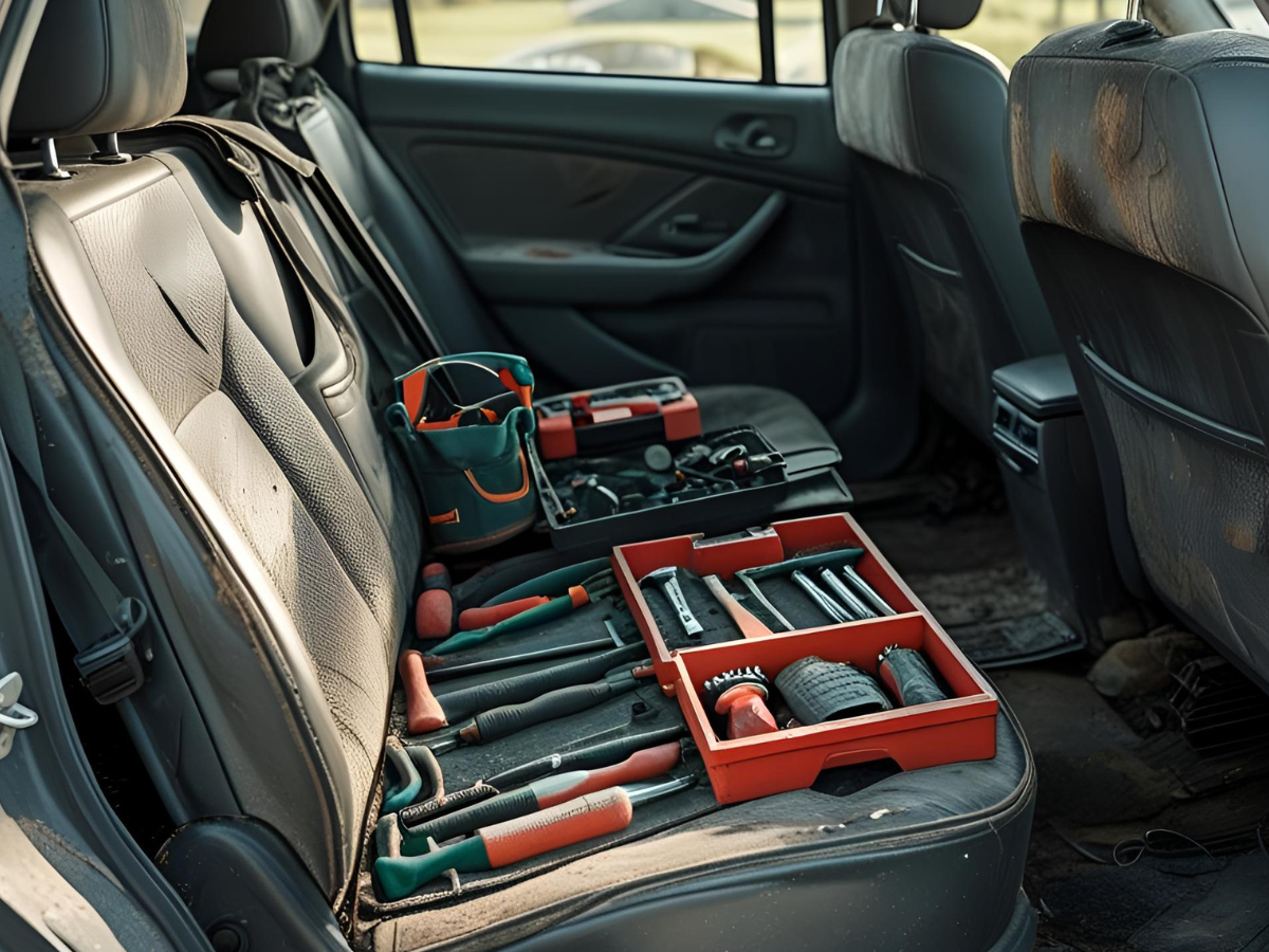 Interior of a work vehicle with tools and equipment, emphasizing the need for Sandbox commercial auto clients to insure cargo and gear separately.